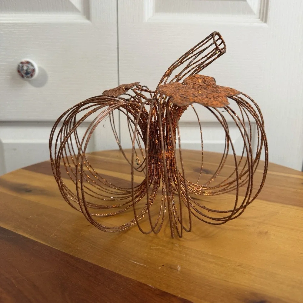 Orange Sparkly Metal Wire Pumpkin Halloween Fall Decor Office Business Farmhouse